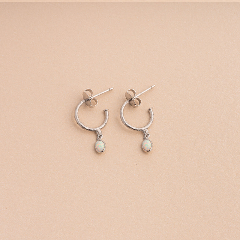 Silver Oval Opal Huggie Earrings