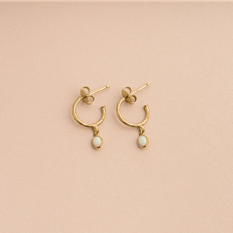 Gold Oval Opal Huggie Earrings