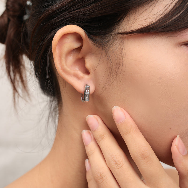 chunky duo baguette stone huggie hoope earrings