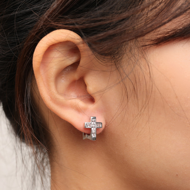 chunky cross stone huggie hoop earrings