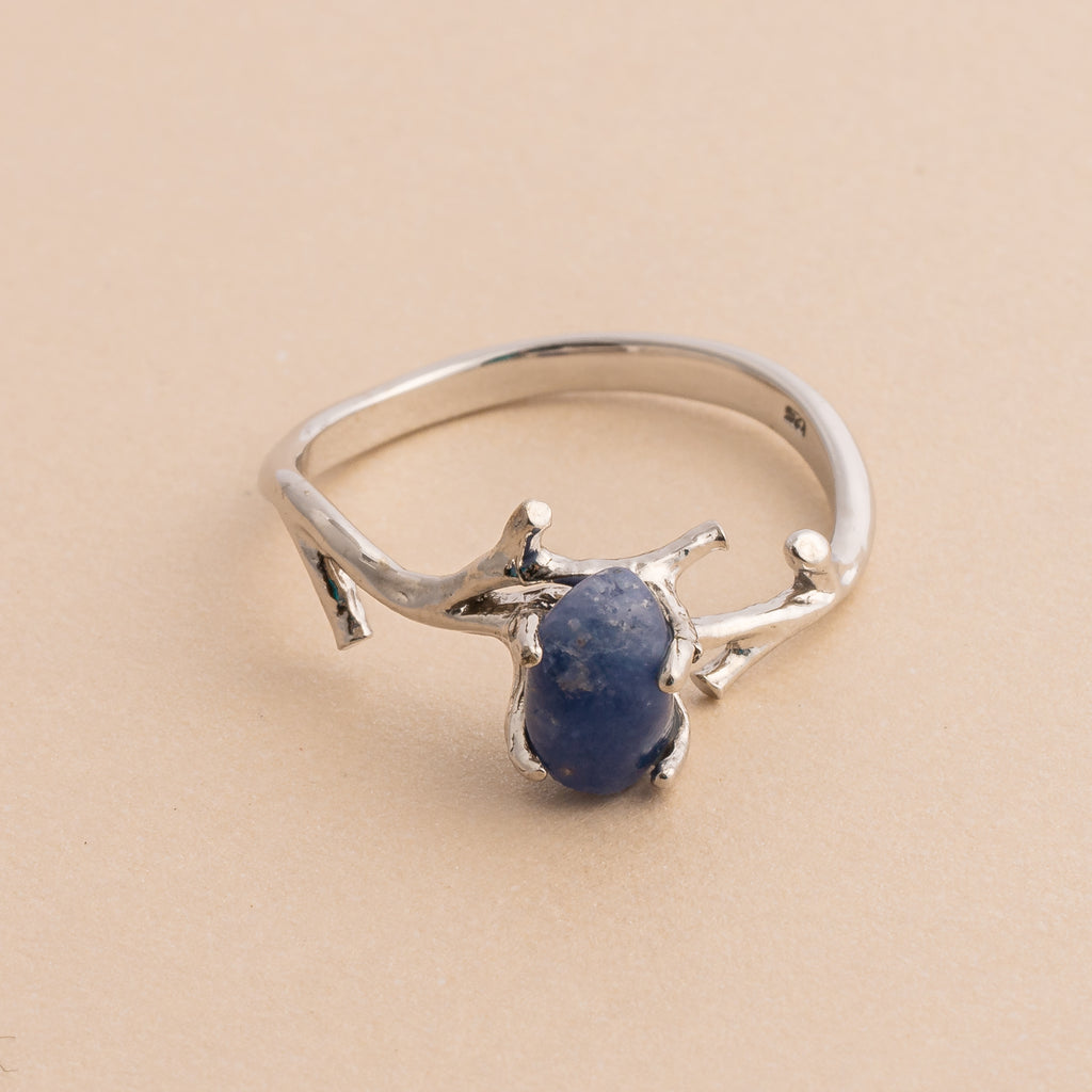 Rough Blue Sapphire Silver Branch Ring