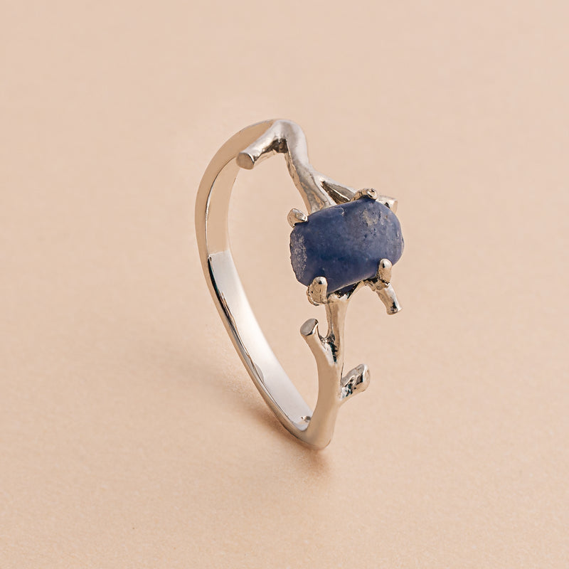 Rough Blue Sapphire Silver Branch Ring